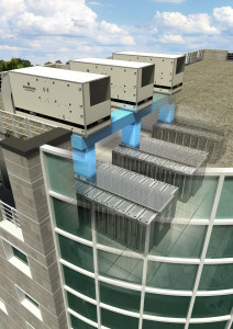 Installation en toiture d'immeuble d'un système de free cooling à air avec échangeur évaporatif avec pulvérisation d'eau dans l'unité et sur l'échangeur de chaleur © Emerson Network Power