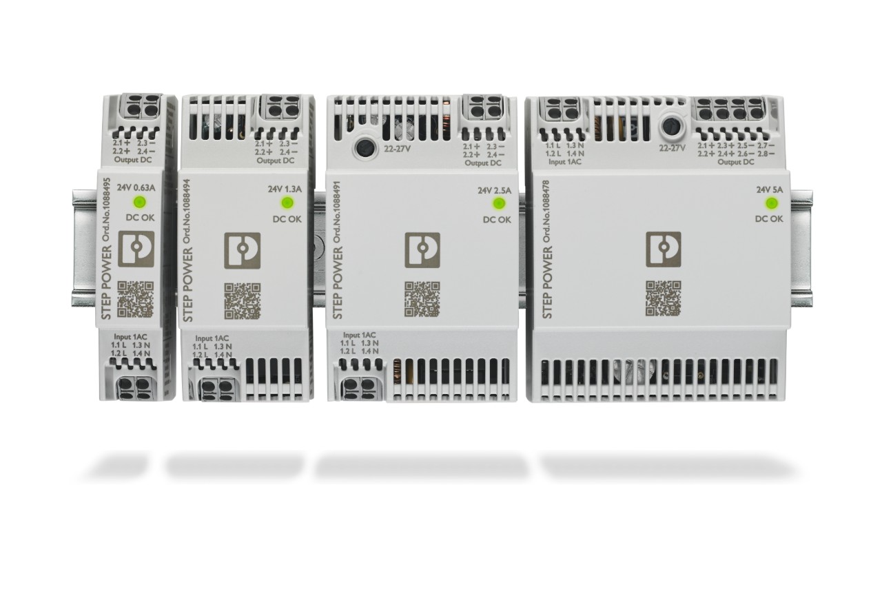 Gamme d'alimentations 24V STEP Power compactes pour montage dans les tableaux électriques. (c) Phoenix Contact