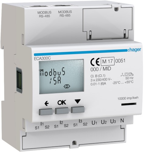 Compteur d'énergie triphasé Hager destiné au sous-comptage pour les applications tertiaires. © Hager