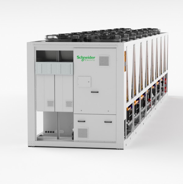 Nouvelle gamme de groupe d’eau glacée haute température free-cooling XRAF Schneider Eletric – pour les datacenters de fortes puissances, fluides HFO, SEPR<br>jusqu’à 7,7. ©Schneider Electric