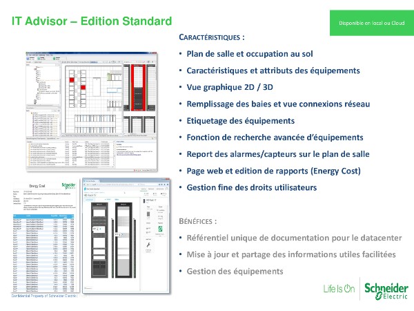 Caractéristiques<br>d'EcoStruxure IT<br>Advisor de Schneider<br>Electric. © Schneider Electric