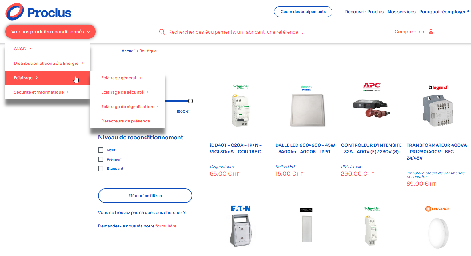 Capture d'écran du site Web de la société Proclus. Dossier Réparabilité