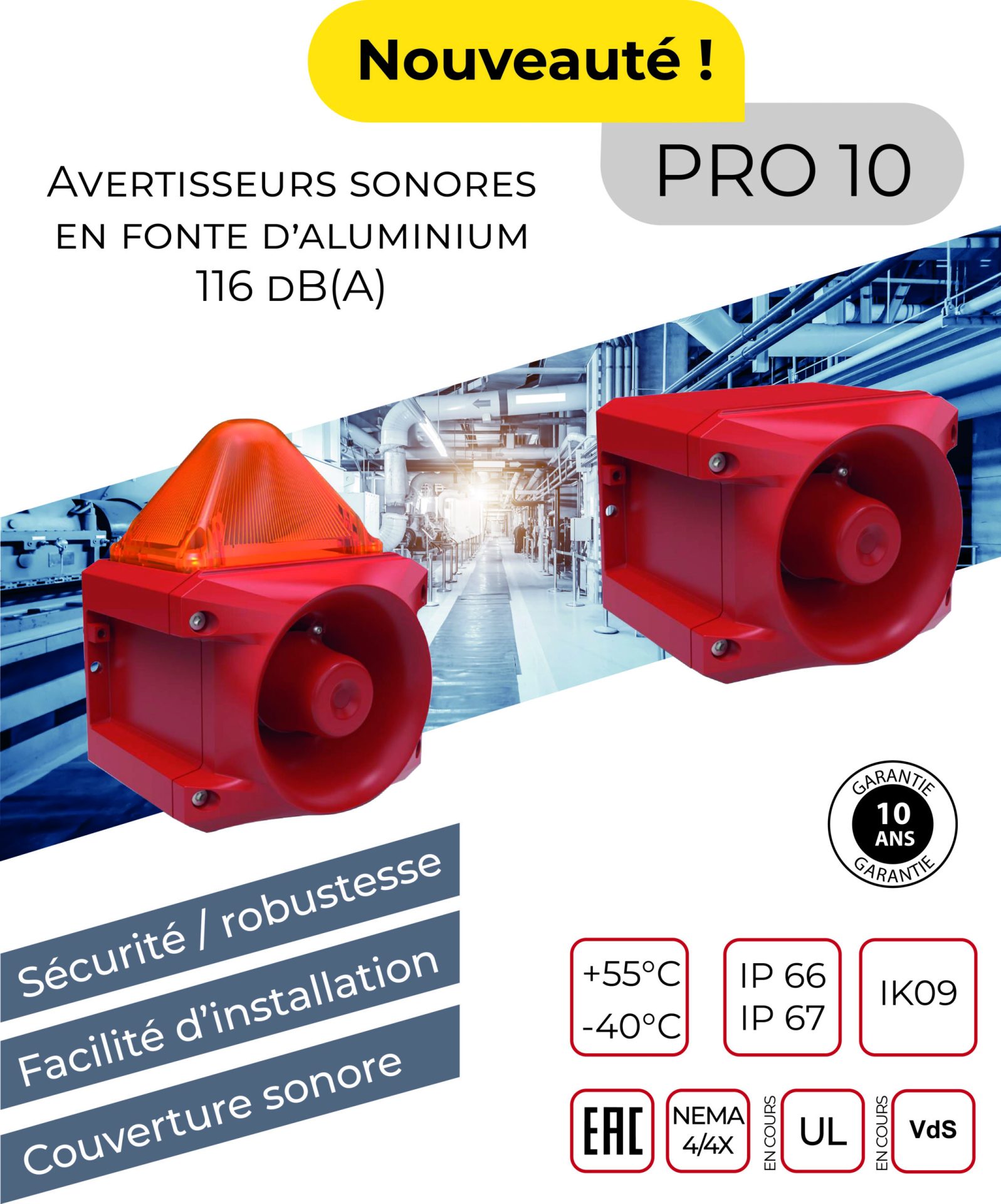 ae&t lance la gamme PRO10 : sirène électronique et combiné sonore et lumineux, ultra-robustes adaptées aux environnements industriels les plus exigeants